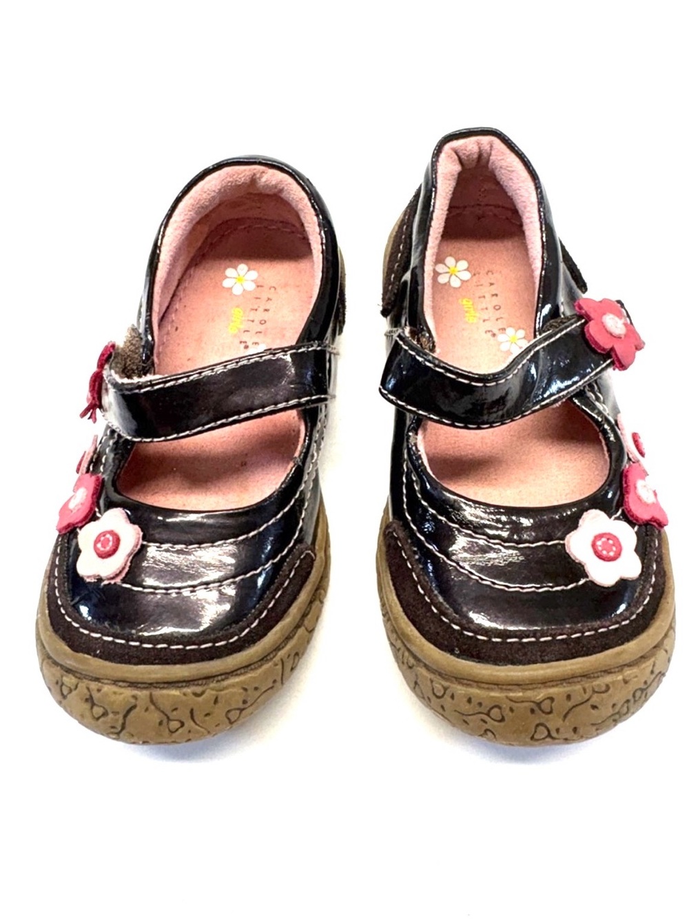 Carole Little Black Patent Mary Janes with Pink Flower Accents Size 6
